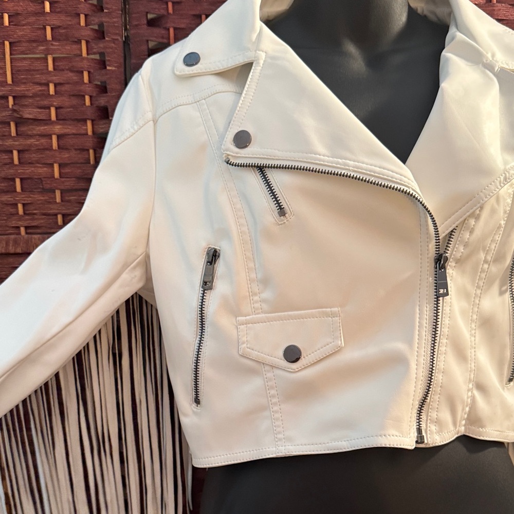 Faux Leather Fringe White Moto Jacket - M - Picture 9 of 16
